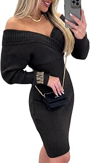 CHICME Womens Off Shoulder Sweater Dress V Neck Long Sleeve Fall Outfit