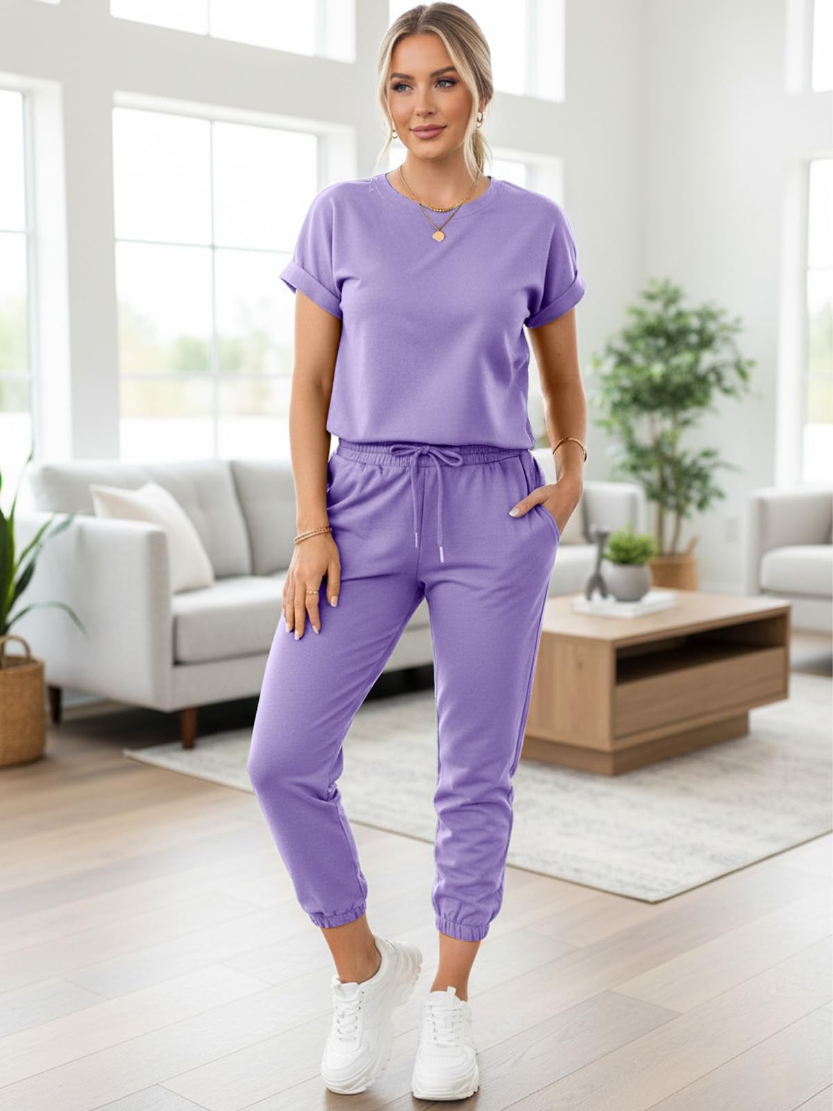 Women's Jogging Set Two Piece Short Sleeve Casual Elastic Waist Jogging Set for 