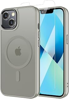 Magnetic Case for iPhone 13, iPhone 14 with Screen Protector, [Compatible with Magsafe] Ultra Slim Translucent Matte Shockproof Protection Phone Cover-Grey