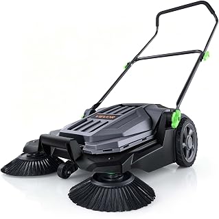 VEVOR Walk-Behind Hand Push Floor Sweeper with 25.6" Sweeping Width | Non-Electric, 5-Gallon Waste Container, Angle & Height Adjustable Folding Handle, Manual Floor Sweeper for Walkway Yard Patio