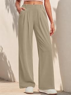 Wide Leg Pants Women High Waist Pants Waffle Knit Palazzo Pants Loose Fit Long Business Casual Pants with Pockets