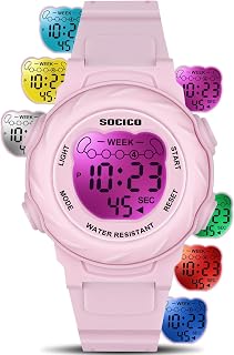 SOCICO Kids Digital Watch 50M Waterproof & 7 Color Lights for Boys Girls | Soft Band, Alarm, Stopwatch, 12/24H, 33mm Case, Sports, Swimming, Daily Wear, Idea Birthday Gift