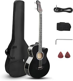Ktaxon 4 String Acoustic Bass Guitar, Full Size Bass Guitar Kit, Black | Portable Guitar Bag, Premium Cable, Wrench, Strap, Plectrum