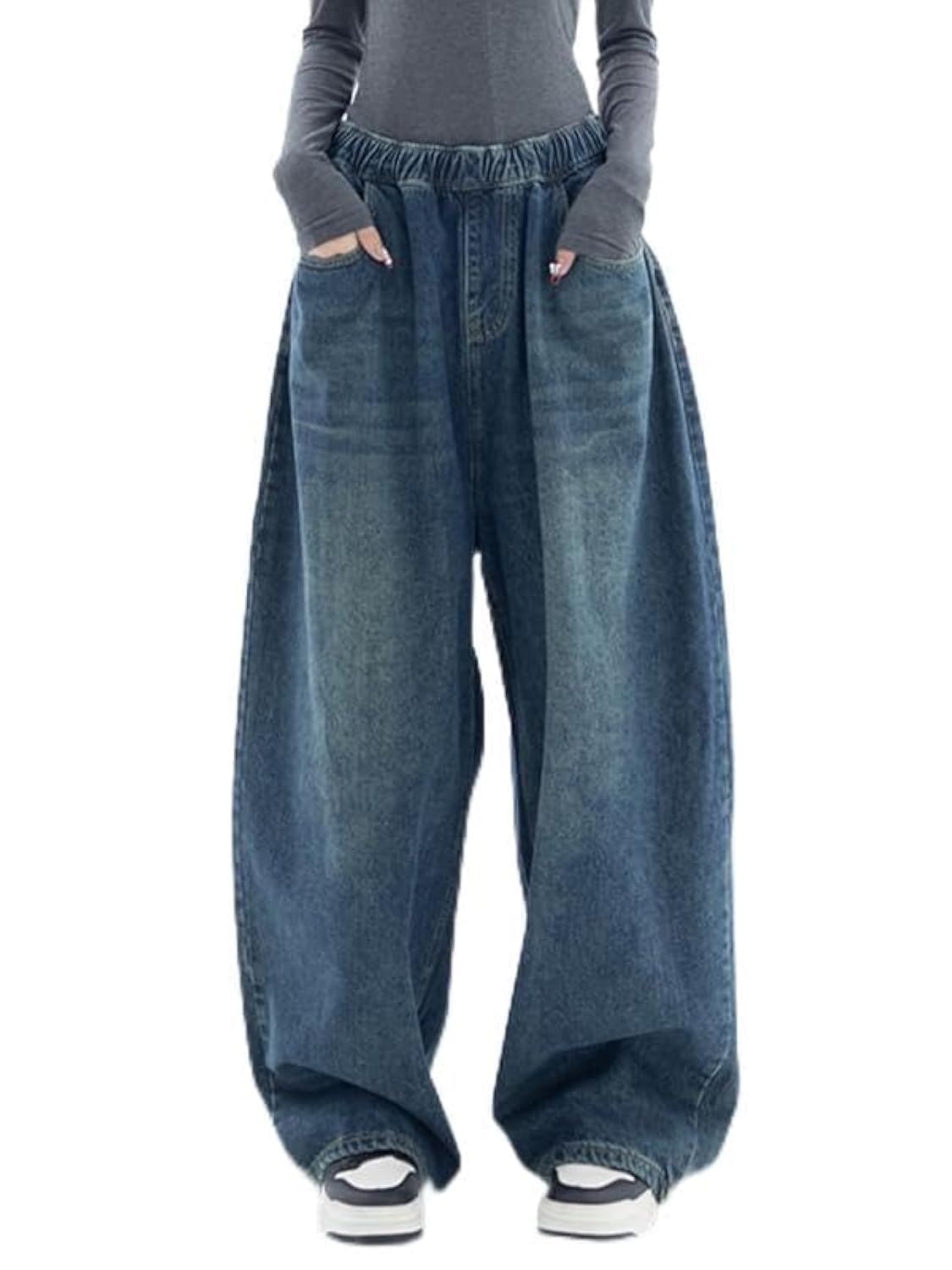 EMMIOL Women Loose Jeans Mid Low Rise Streetwear Vintage Wide Leg Straight Jeans