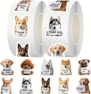 500 THANK DOG STICKERS - Featuring a variety of breeds and cute paw print adhesive labels. Great for small business packaging, pet shop gifts, crafts, gift wrapping