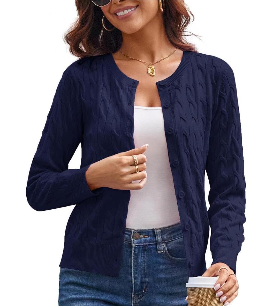 GRACE KARIN Women's Knitted Cable Cardigan Long Sleeve Round Neck Button Down Co
