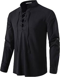 PARKLEES Men's Retro Cotton Casual Shirt Long Sleeve Lace Up Shirts Medieval Viking Pirate Costume Halloween