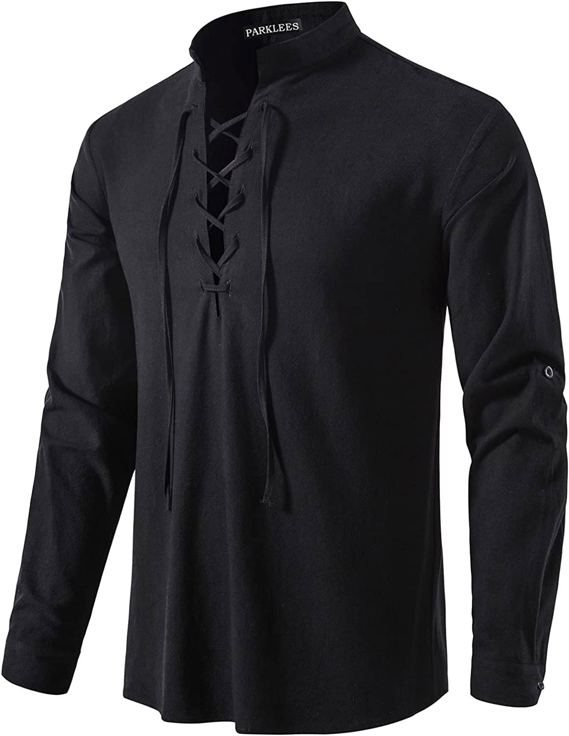 PARKLEES Men's Retro Cotton Casual Shirt Long Sleeve Lace Up Shirts Medieval Vik
