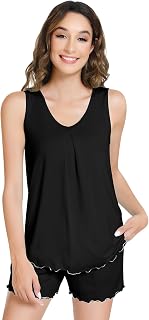 NACHILA Conjunto de pijama para mujer, viscosa hecha de bambú, sin mangas, camiseta sin mangas con pantalones cortos y pantalones cortos