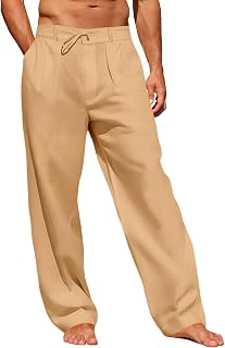 Men's Casual Cotton Linen Pants with Elastic Waist and Drawstring