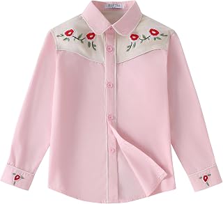 Girls Western Cowgirl Shirt Long Sleeve Retro Floral Embroidered Collared Button Down Blouse Tops for Country Outfit