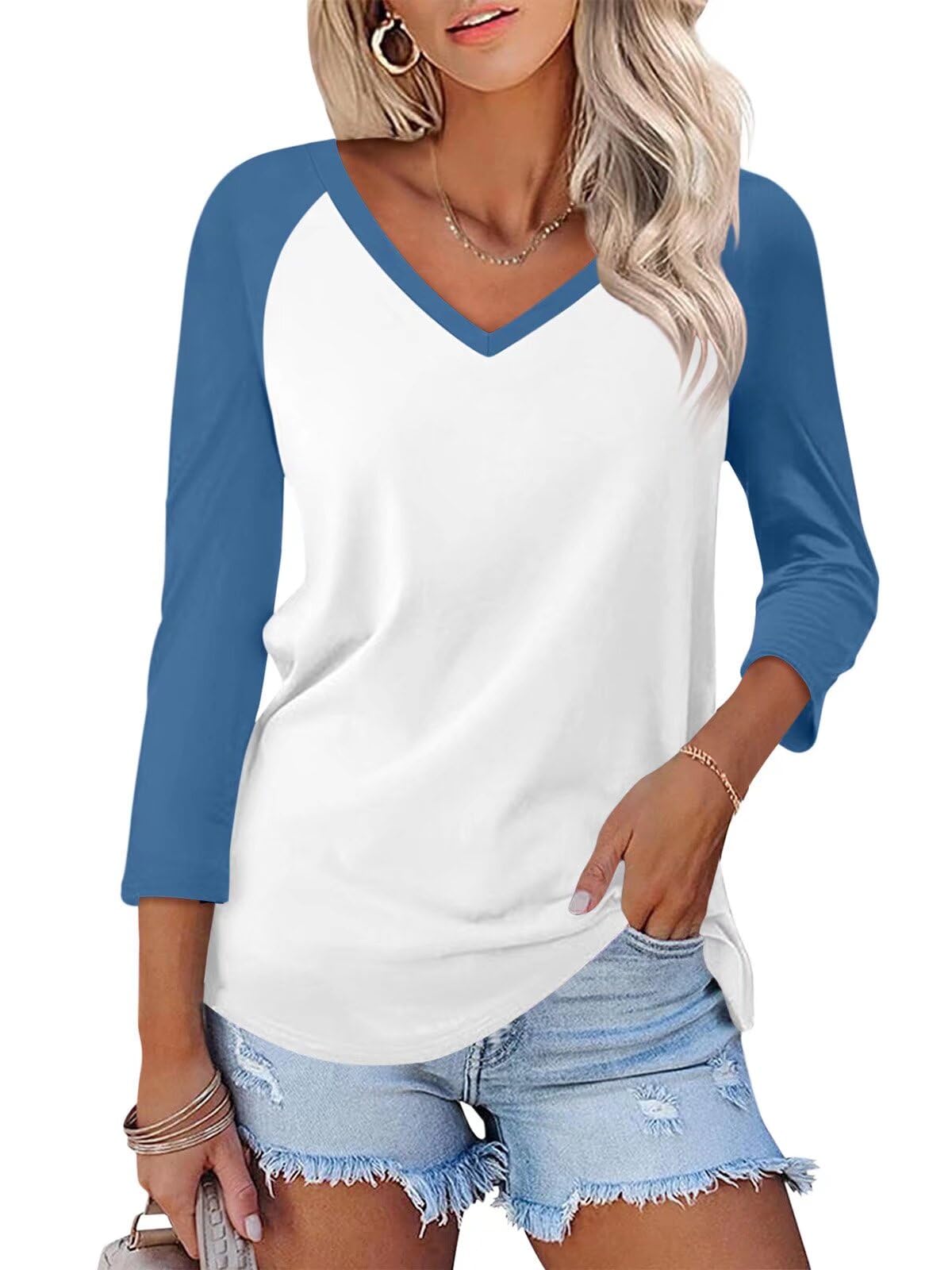 Minetom Women's V-Neck 3/4 Sleeve Solid Color Casual Basic Summer T Shirts