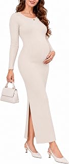 guruixu Rib Knit Maternity Dress Long Sleeve Maxi Bodycon Dress