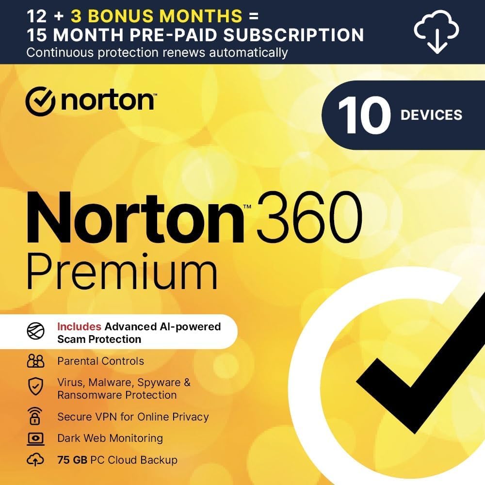 Norton 360 Premium 2025, Antivirus Software for 10 Devices and ‎15 Month Subscri