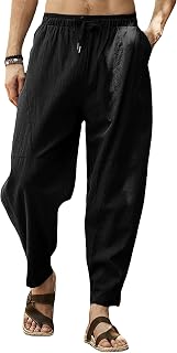 Mens Linen Harem Pants Elastic Drawstring Waist Loose Fit Casual Yoga Beach Pants with Pockets