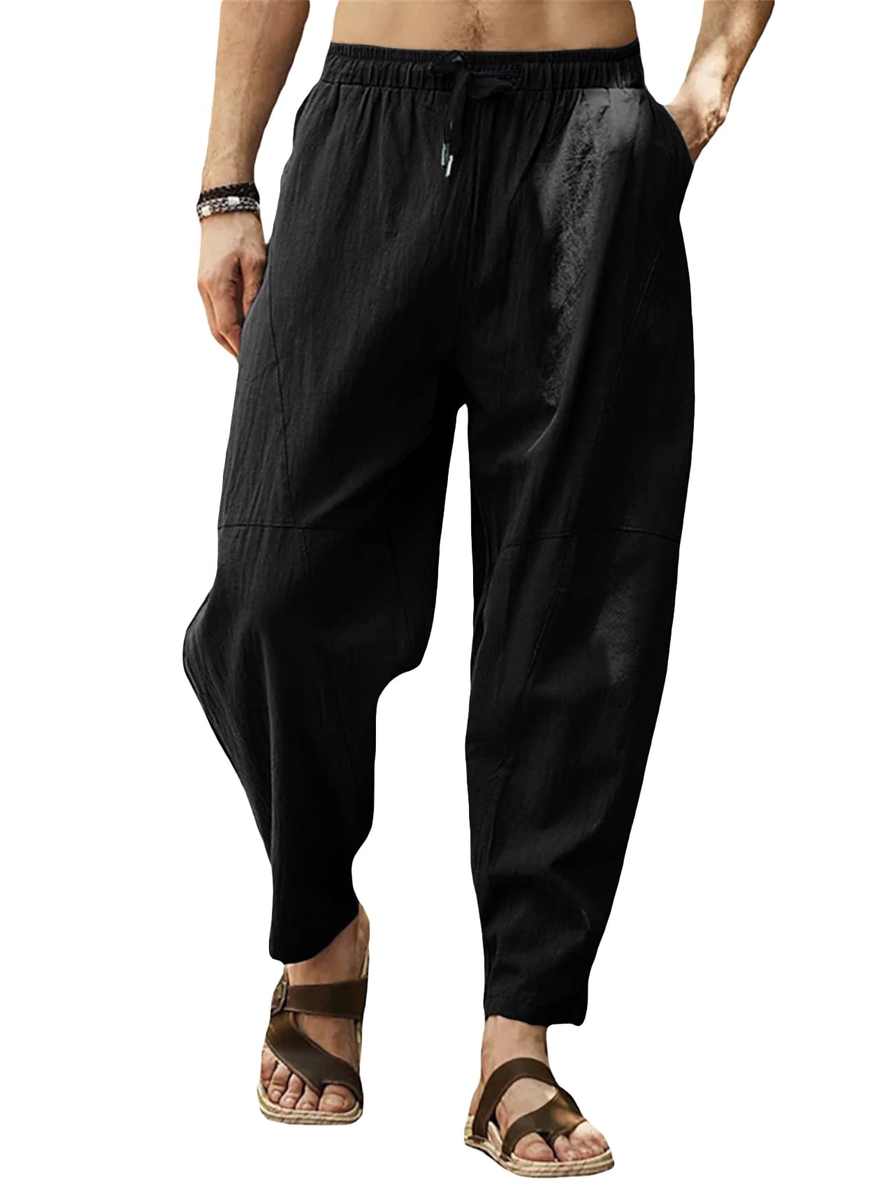 Mens Linen Harem Pants Elastic Drawstring Waist Loose Fit Casual Yoga Beach Pant