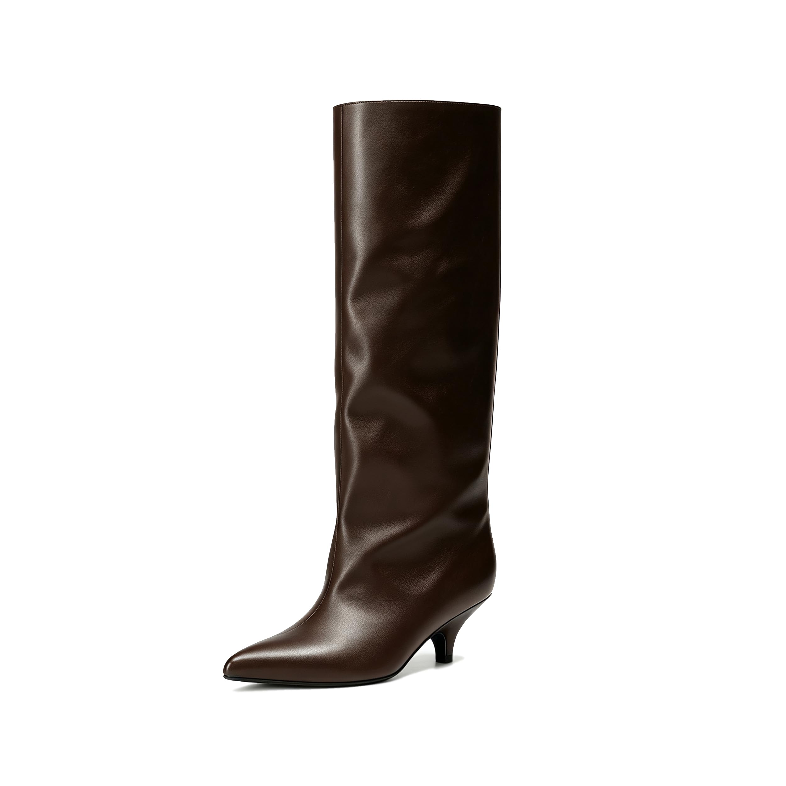 vivianly Knee High Boots for Women Pointed Toe Fold Over Black Boots Kitten Heel