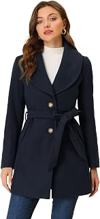 Allegra K Women's Pea Coat 2025 Winter Shawl Collar Wrap Tie Belted Single Breasted Long Overcoats, Dark Blue, S