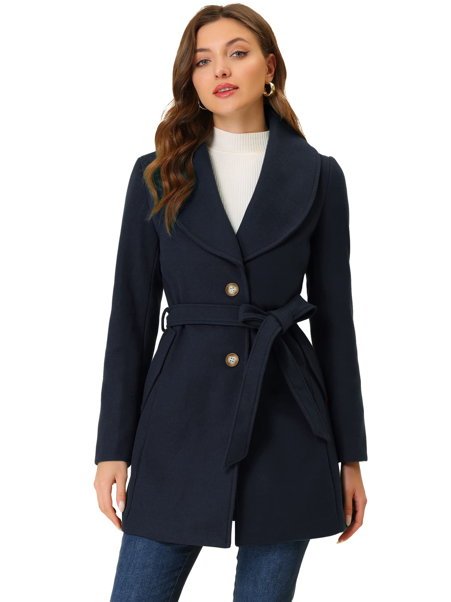 Allegra K Women's Pea Coat 2025 Winter Shawl Collar Wrap Tie Belted Single Breas