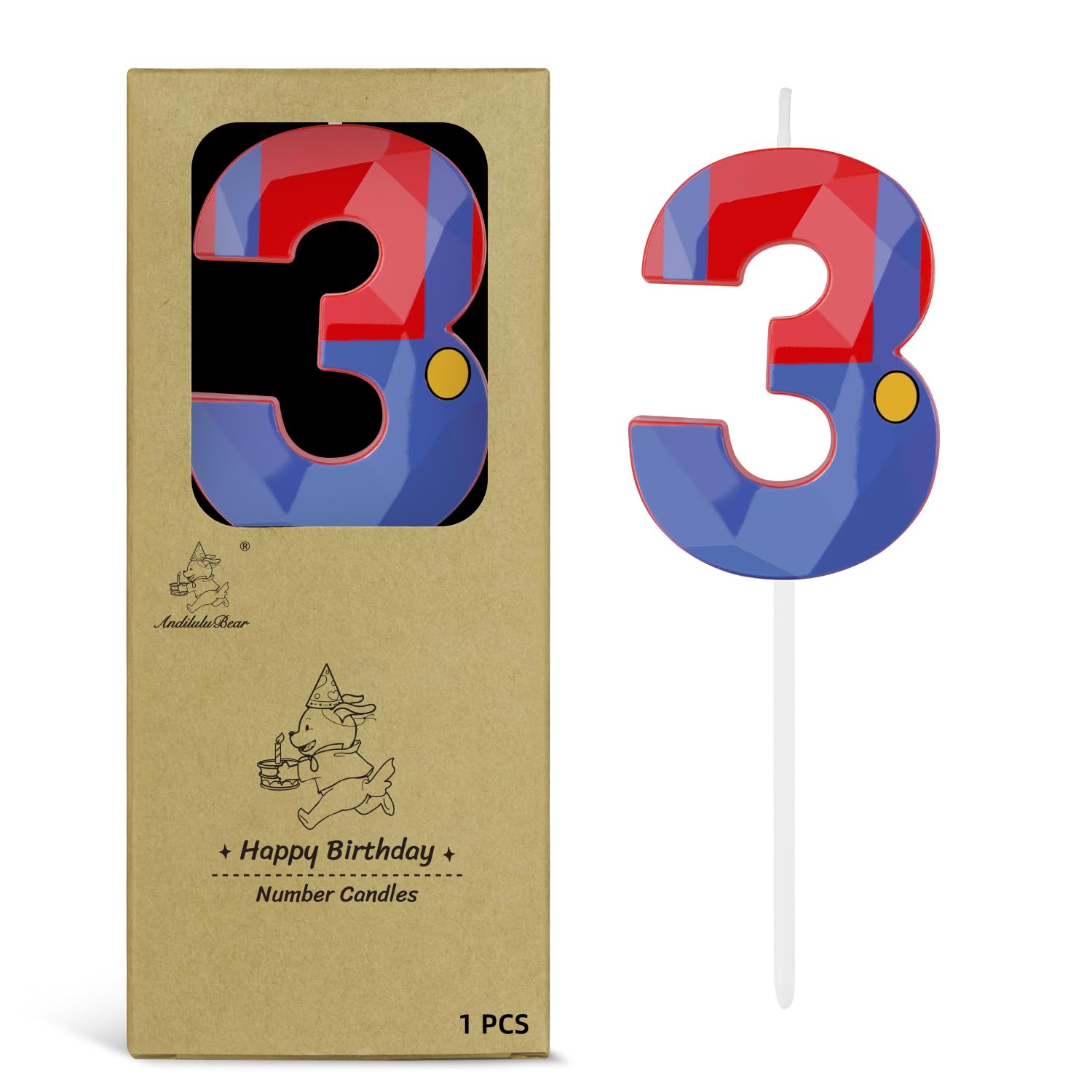 Birthday Candles with Cartoon Game Themed, 2.76 Inch Number 3 Candles, Blue Red 
