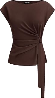 BTFBM Womens Tops Summer 2026 Cap Sleeve Crew Neck Tie Waist Blouses Dressy Casual Business Work Clothes Spring Fashion
