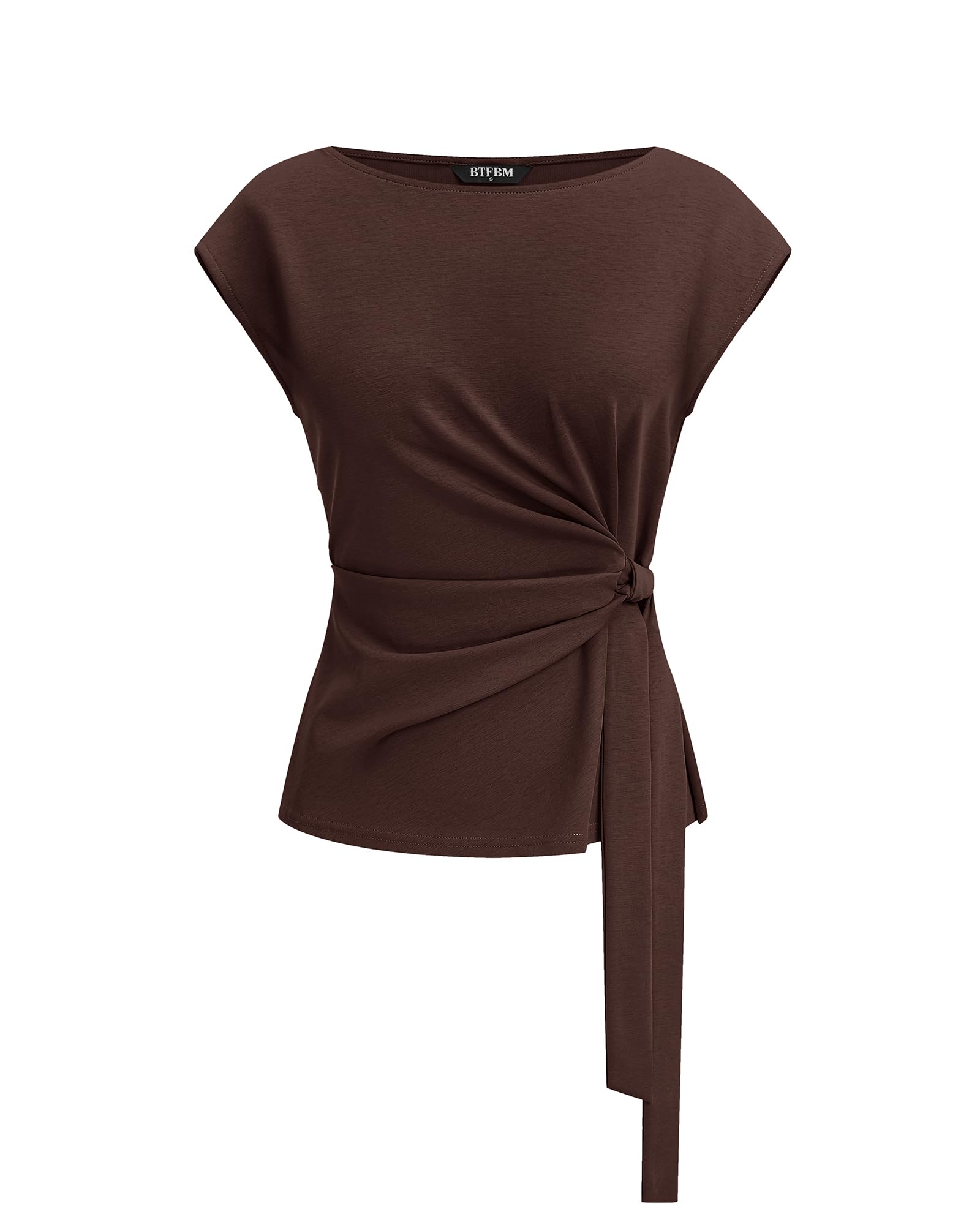 BTFBM Womens Tops Summer 2026 Cap Sleeve Crew Neck Tie Waist Blouses Dressy Casu