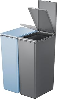 EKO Morandi Twin Pack (2 x 40L) Kitchen Bin with Touch-Top Lids, Plastic Double Bins with Recycling Stickers and Easy-Clean Finish, for Home or Office, Dark Grey & Titanium Blue