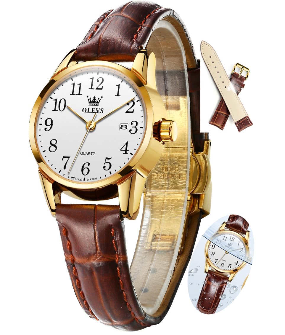 OLEVS Ladies Leather Band Quartz Date Wrist Watch