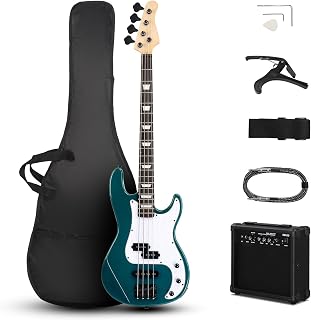 Ktaxon 4 String Electric Bass Guitar, Full-Size Right-Handed Beginner Kit | Solid Wood Body & Fantastic Hand Feeling | Includes 20W Amp, Cable, Strap, Pick and Wrench (Lake Blue)