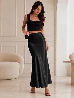 Women's Satin High Waisted Maxi Skirts Hidden Elasticized Waistband A Line Long Skirt