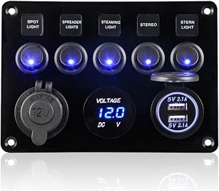 Geloo 12V Switch Panel IP65 Waterproof with 4.2A Dual USB Charger Ports | 5 Gang Toggle Switches, Lighter Socket, Digital Voltmeter Display, Rocker Switch Panel for Car Boat RV Truck (Blue)
