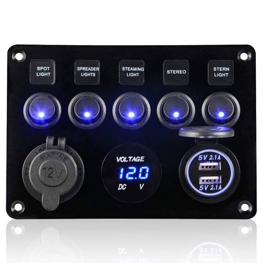 Geloo 12V Switch Panel IP65 Waterproof with 4.2A Dual USB Charger Ports | 5 Gang