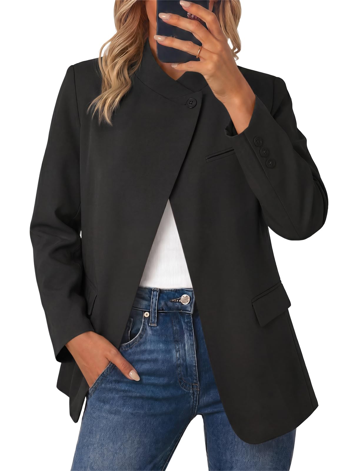 Cicy Bell Blazer a cuadros para mujer, cuello alto, frente abierto