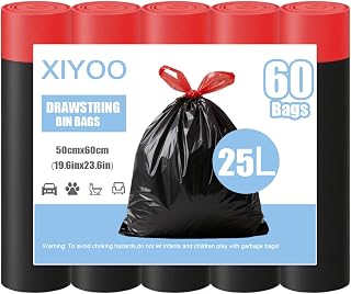 Bin Bags 25L Bin Liners with Drawstring 60 Counts Black Rubbish Bag Strong Trash Bags