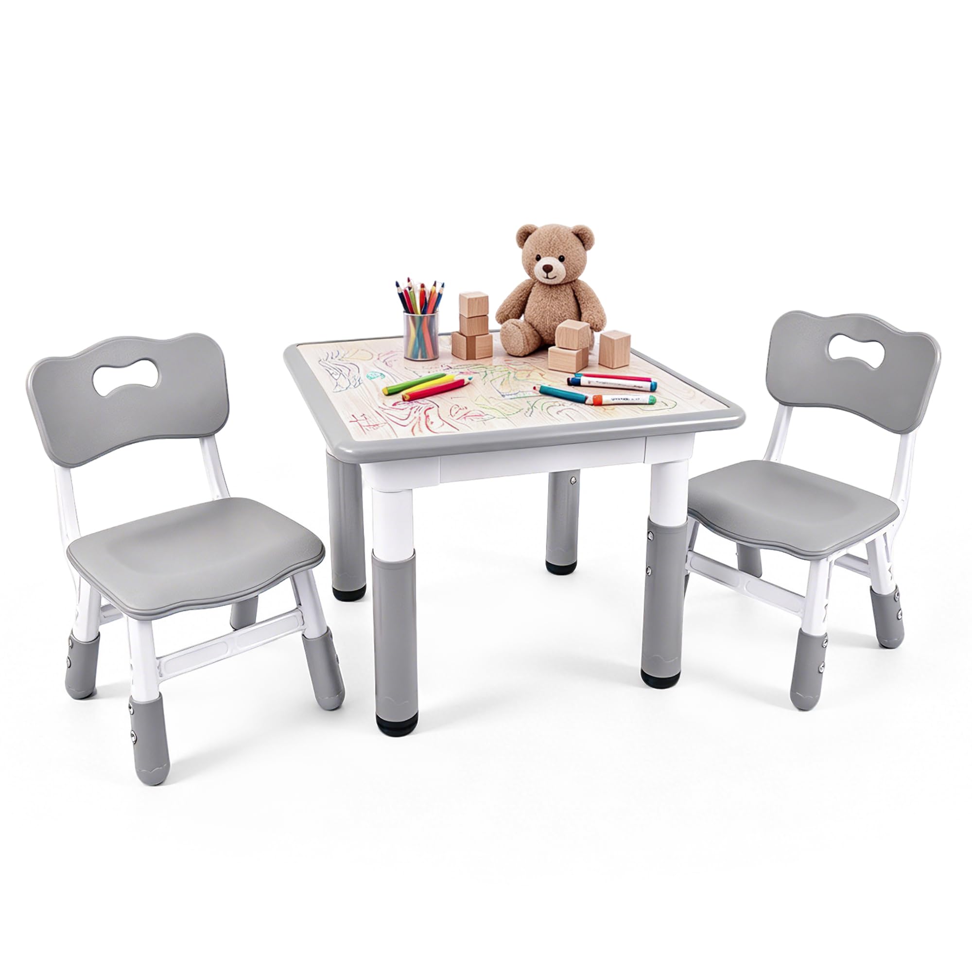 Pterying Toddler Table and Chair Set, Graffiti Tabletop, 2 Chairs, Grey | Adjust