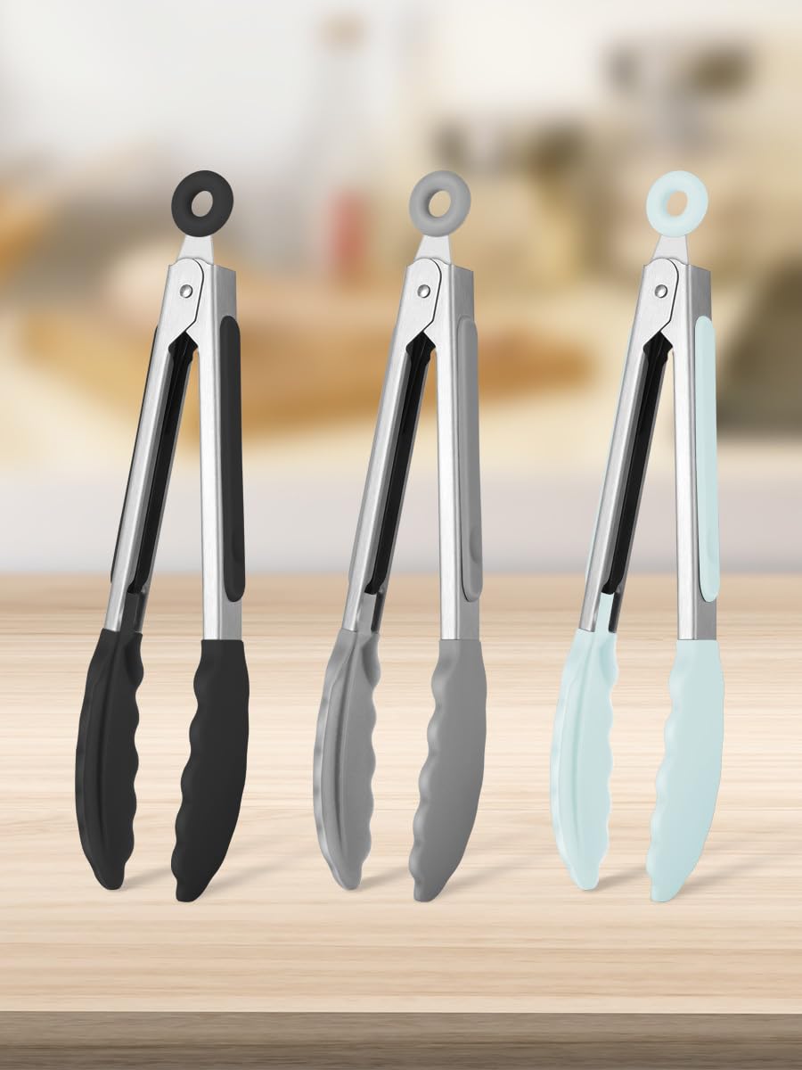 3 Pack Mini Silicone Kitchen Tongs, 7 Inch Small Serving Tongs with Heat Resista
