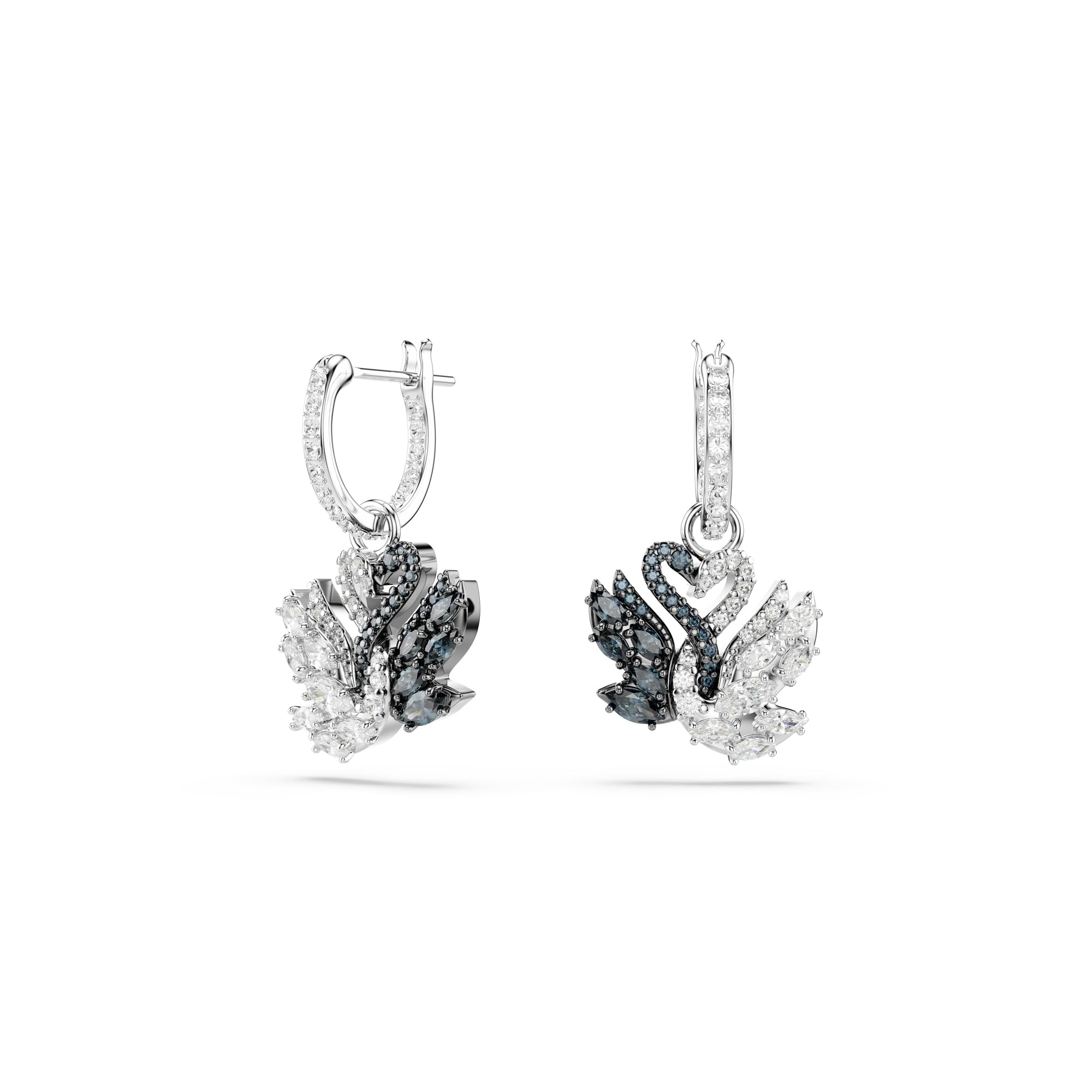 Swarovski Swan drop earrings, Swan, Black, Rhodium finish