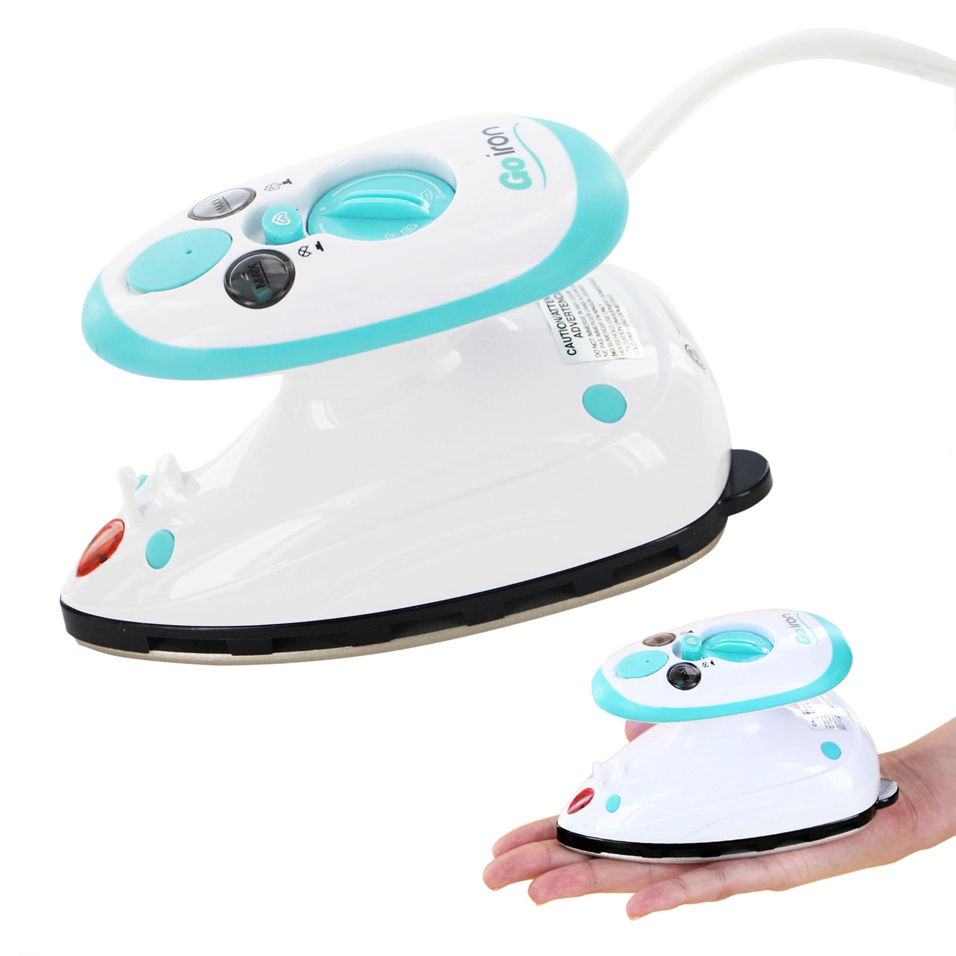 Go Iron Portable Mini Steam Iron, Dual Voltage, White/Teal | 150-watt Power, Ide