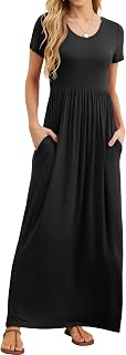 GRECERELLE Women Summer Casual Maxi Long Dress Short Sleeve Crew Neck with Pockets, Size S-3XL