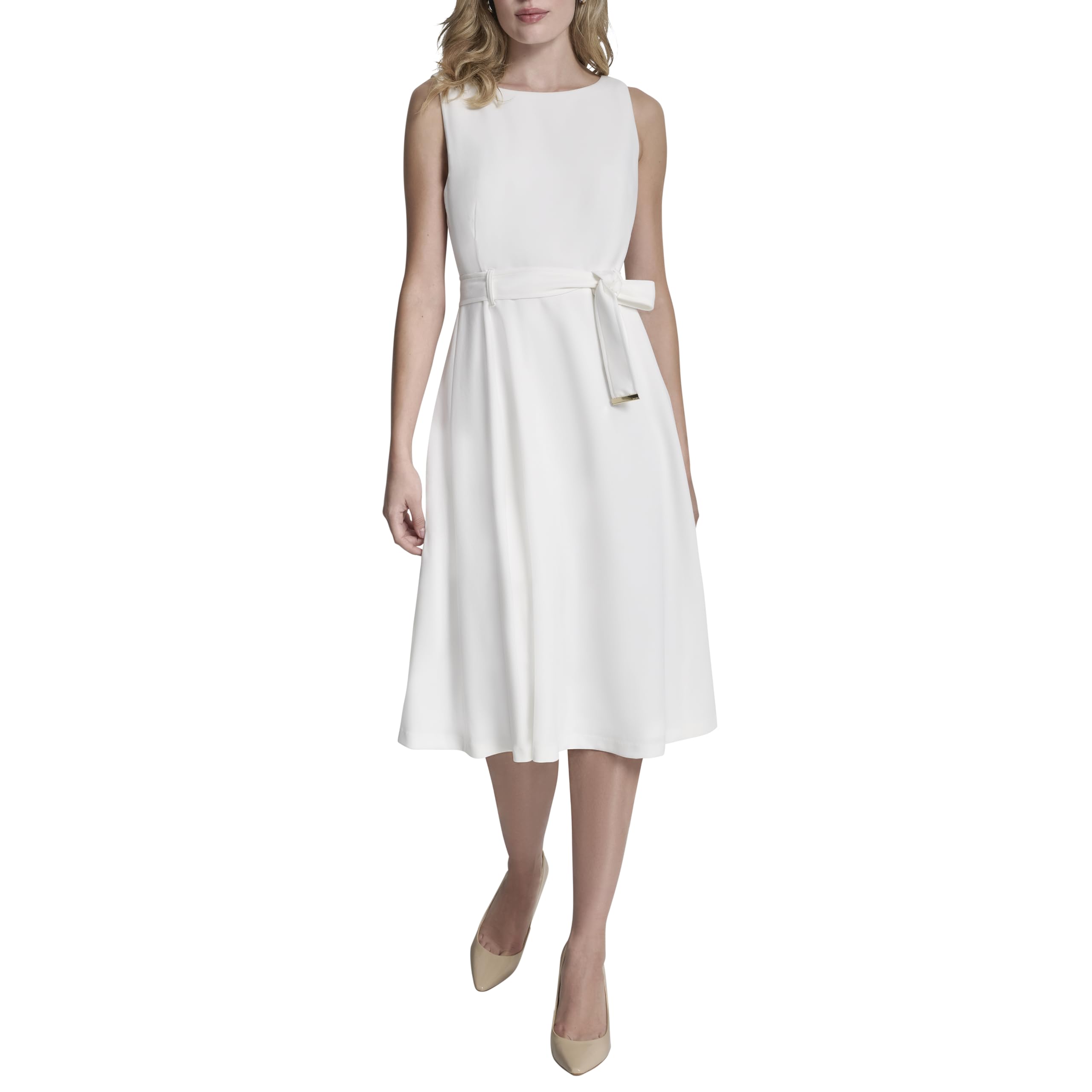 DKNY Womens Sleeveless Jewel Neck Scuba Crepe Removable Belt Midi DressDress