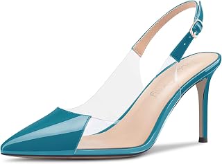 NobleOnly Women's High Heel Pointed Toe Clear Slingback Pumps Buckle Closure Wedding Party 8 CM Heels Sandals