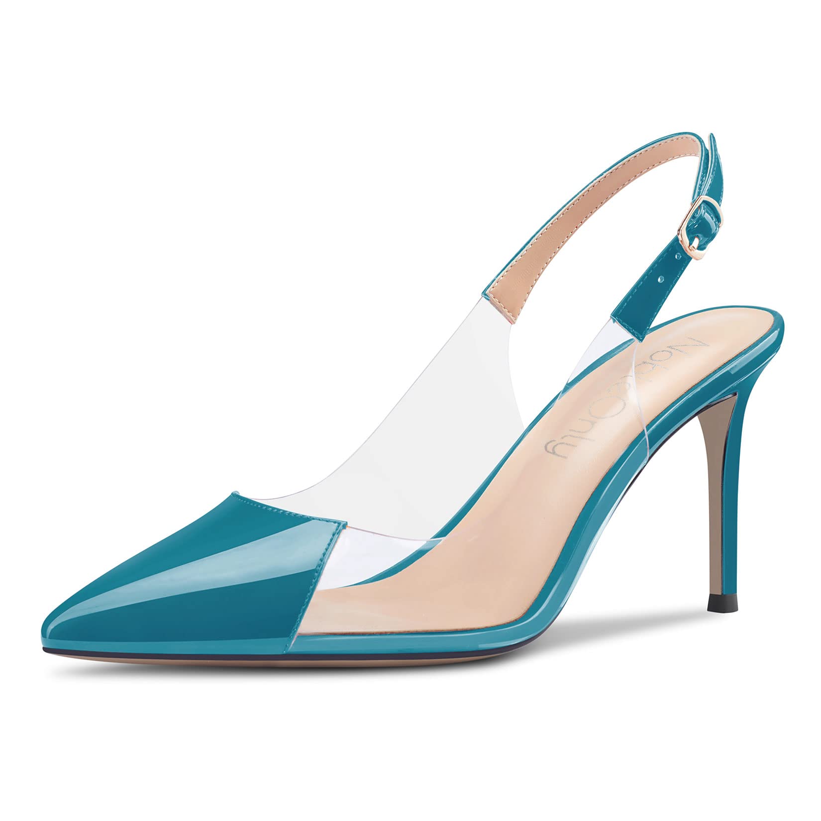 NobleOnly Women's High Heel Pointed Toe Clear Slingback Pumps Buckle Closure Wed