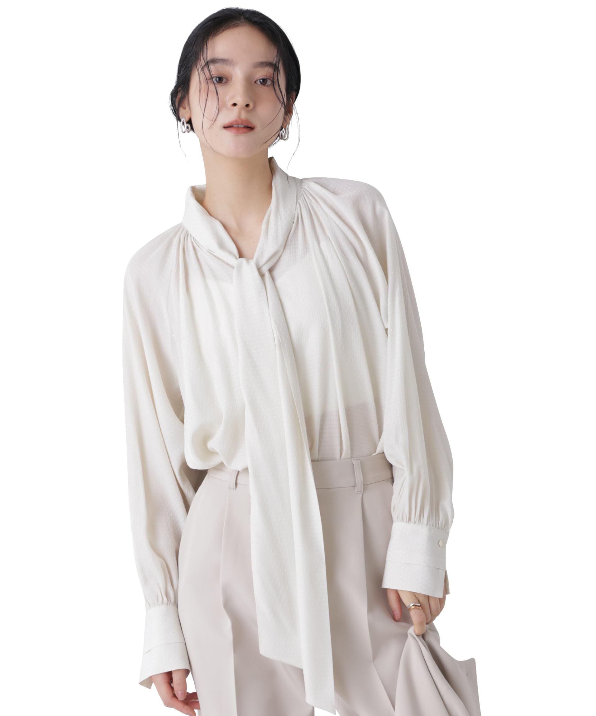 Nano Universe 669-6120304 Women's Dobby Dot Ribbon Tie Blouse