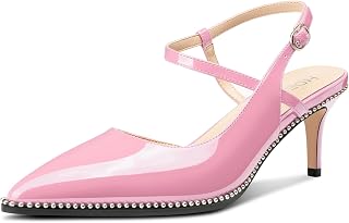 HDEUOLM Womens Mid Kitten Heel Pointed Toe Beaded Pumps Slingback Ankle Strap Buckle Prom Cute Patent Leather 2.6 Inches Heels