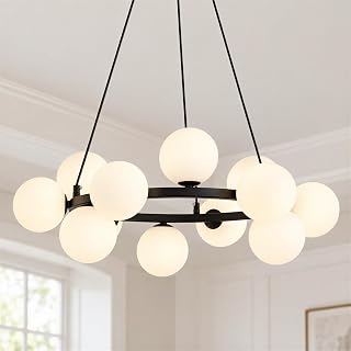 Modern Black Chandelier，Round Sputnik Chandelier with Glass Globes,Globe Chandeliers for Dining Room,Mid Century Pendant Light for Kitchen Island,Bedroom, Living Room