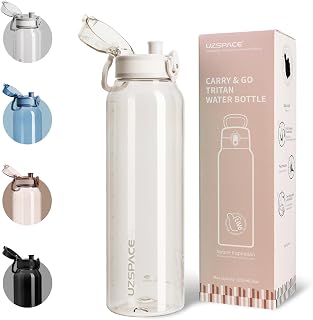 UZSPACE Water Bottle 1l with Handle, Tritan Drinks Bottle, Frost White