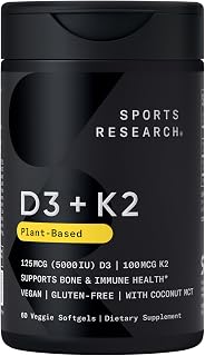 Sports Research® Vegan Vitamin D3 + K2 w/Coconut Oil, 60 Count Plantgels™ | Plant-Based Vitamin D 5000iu/125mcg & Soy-Free Vitamin K 100mcg for Bone & Immune Support - Vegan Certified · Non-GMO