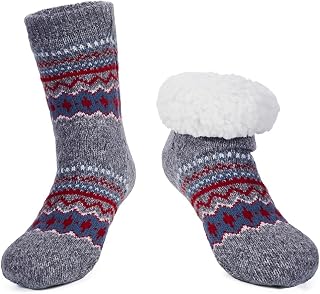 LEMZONE Men's Warm Slipper Socks Non Slip Thick Fleece Grip Cabin Socks
