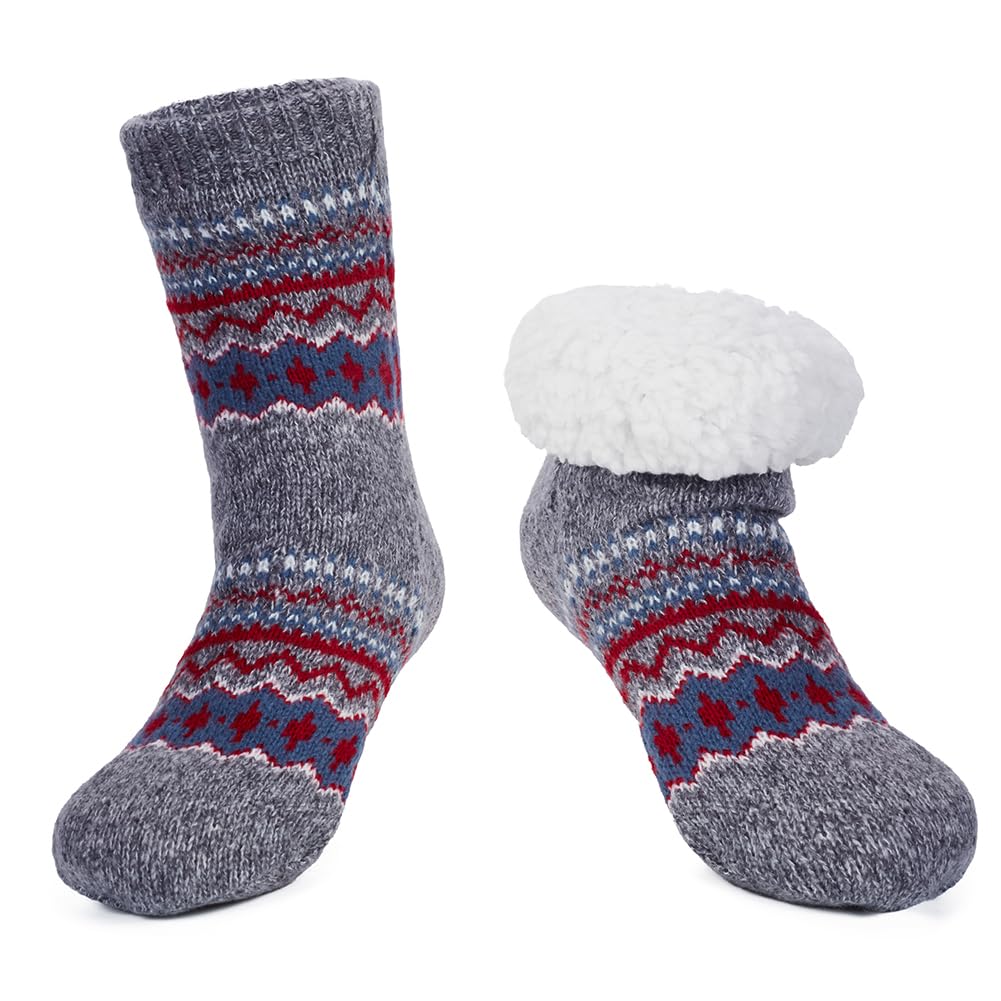 LEMZONE Men's Warm Slipper Socks Non Slip Thick Fleece Grip Cabin Socks