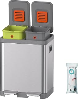 Mbillion Kitchen Rubbish Bin, 2 Compartments, Rubbish Bin with Lid, Kitchen Waste Bin, Stainless Steel, Removable Inner Buckets, for Home, Office (15 + 15 L, Silver)